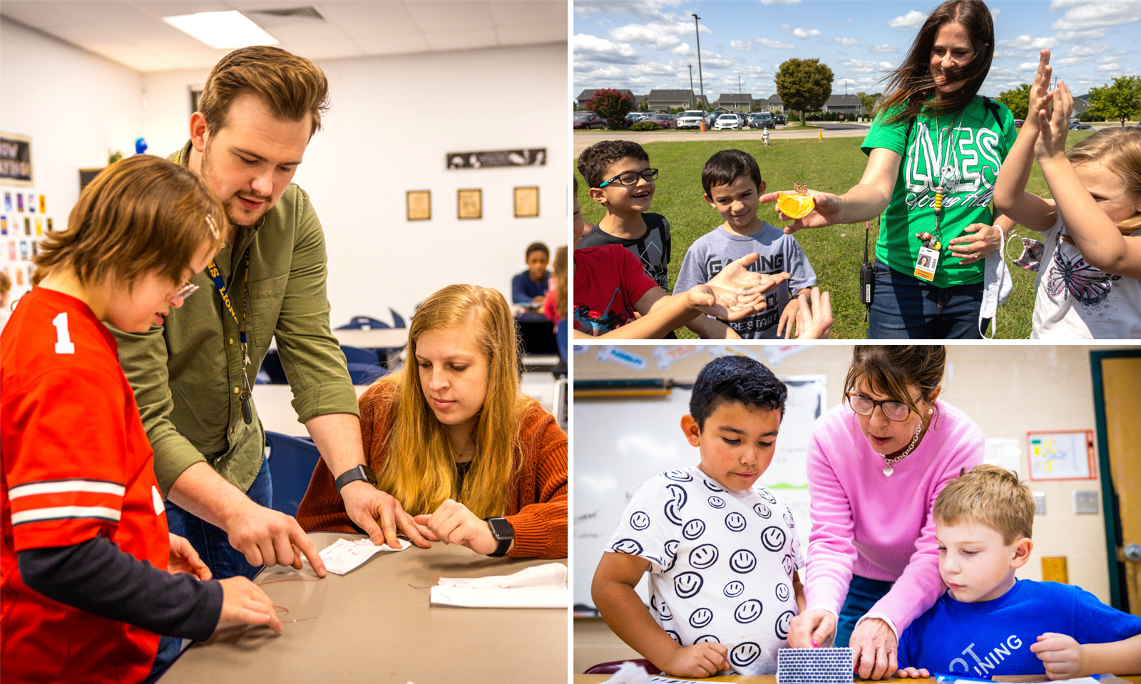 A collage of educators in the classroom and with their students